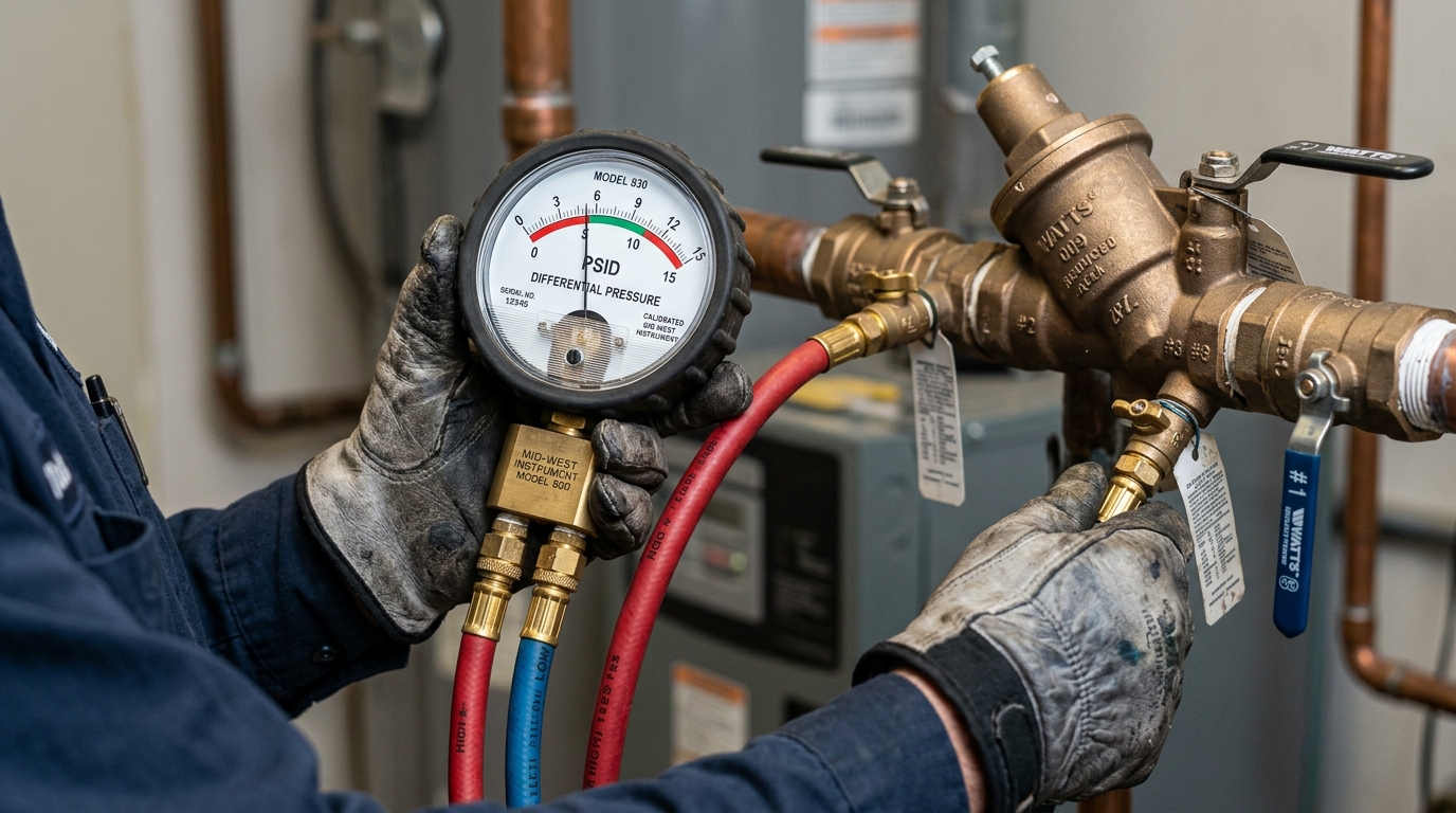Technician performing differential gauge test on backflow valve